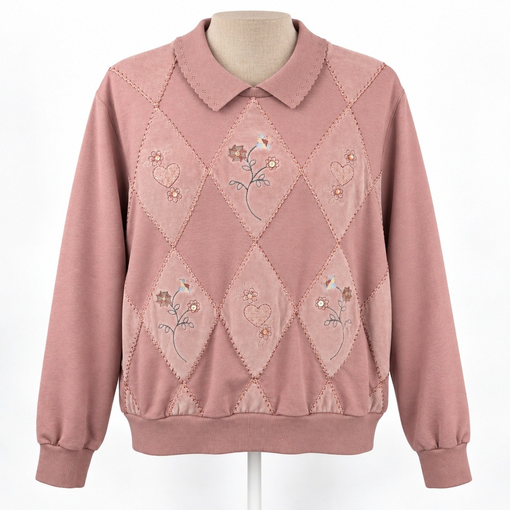 Vintage 90s Floral Embroidered Cottagecore Sweatshirt XL Pet Pink Argyle Granny